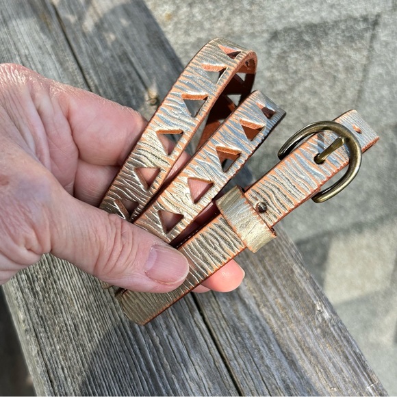 Gold Embossed Skinny Leather Belt - Picture 2 of 11